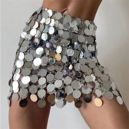 Solid y2k Shiny Sequins Sexy Mini Skirt For Women Hollow Out See Through Circular Sequin Outside Streetwear Shiny Lady Skirts