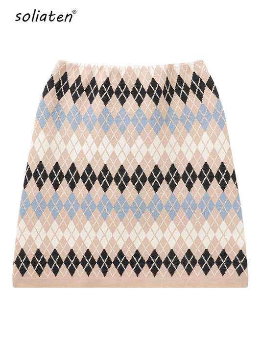 Women Jacquard Knitting Plaid Skirt Streetwear Slim A-line Skirt High Waist Harajuku Lattice Skirts  B-008